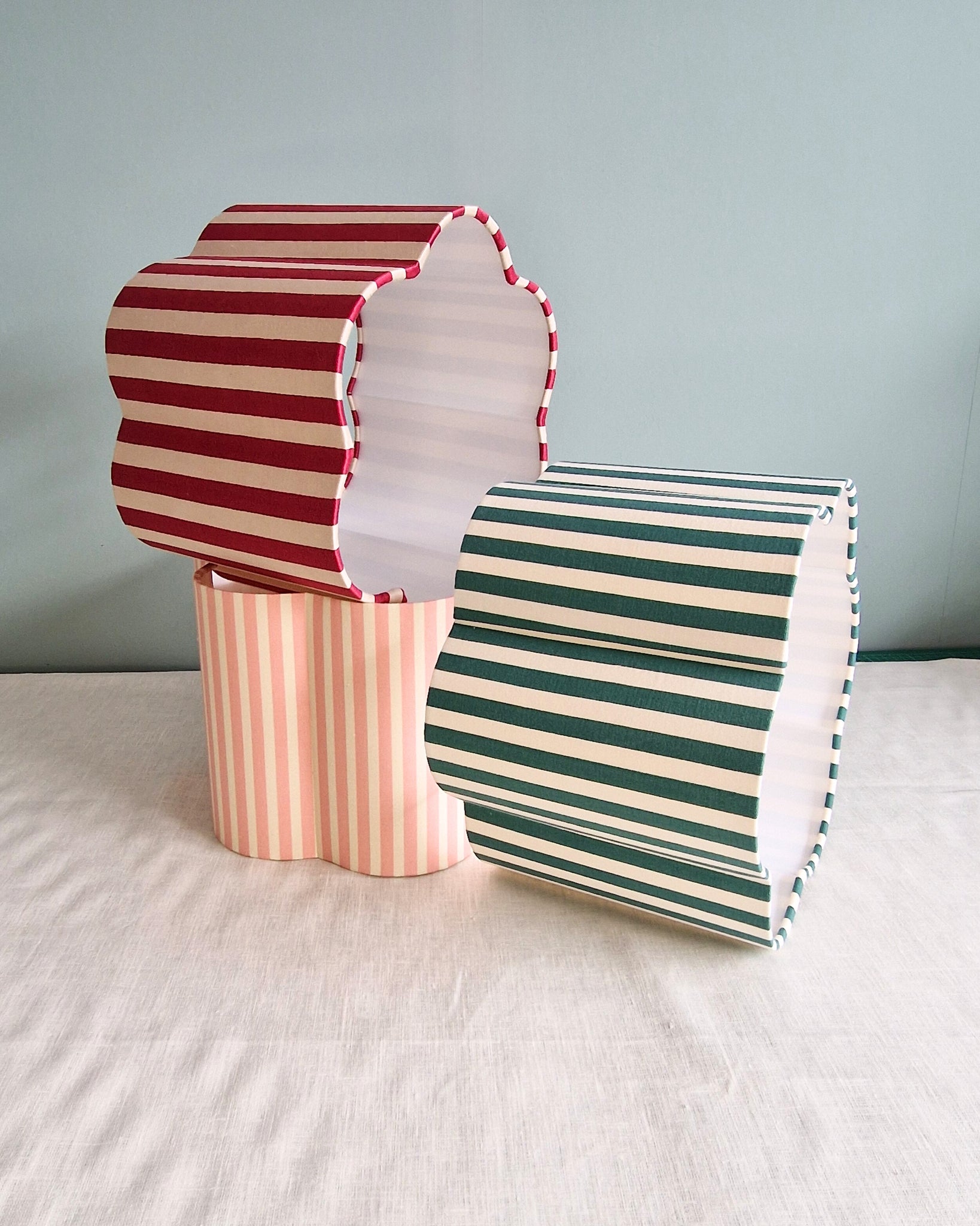 Scallop Frame Drum Shade In Vintage Sanderson Bottle Green Stripe