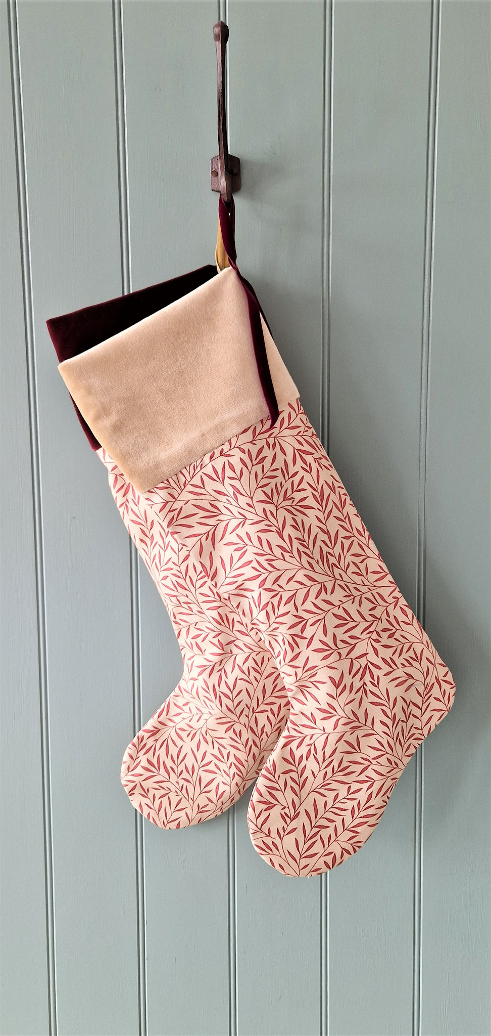 Christmas Stocking In William Morris  - Lily Leaf Red - Claret Band