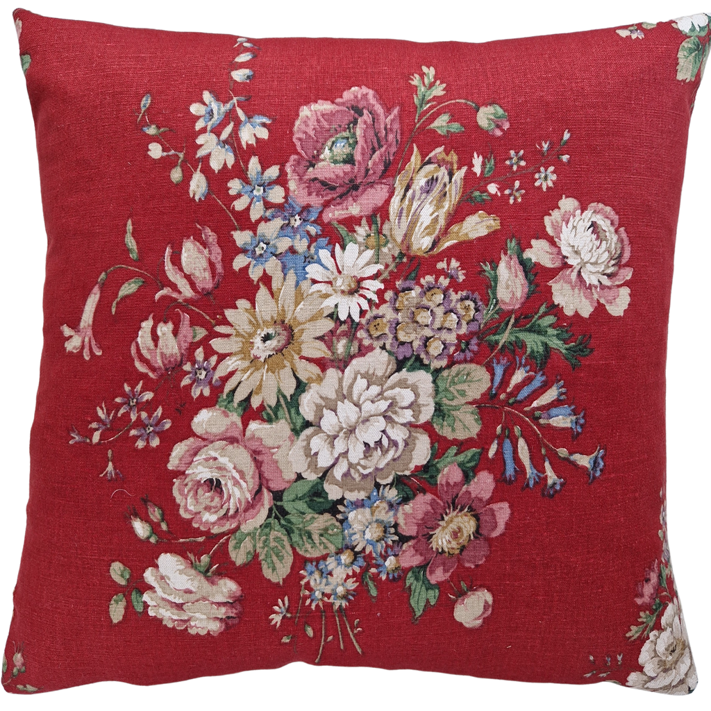Vintage Floral Fabric Cushion Cover In Red Sanderson Floral bouquet design