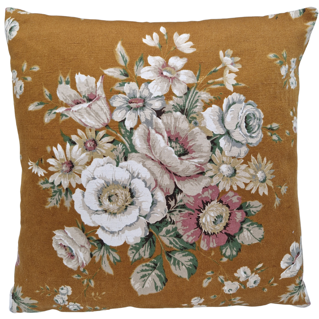 Vintage Floral Fabric Cushion Cover In Mustard Large Floral Bouquet design