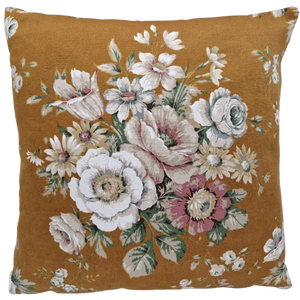 Vintage Floral Fabric Cushion Cover In Mustard Large Floral Bouquet design