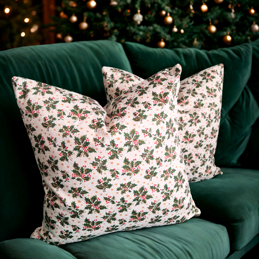 Holly Print Christmas Cushion Cover