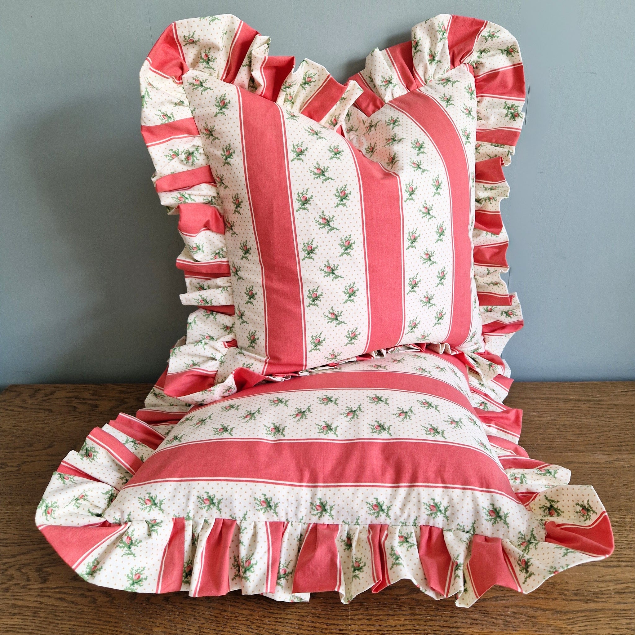 Ruffle Cushion Cover In Vintage Jane Churchill Rosebud Stripe  - 18 inch