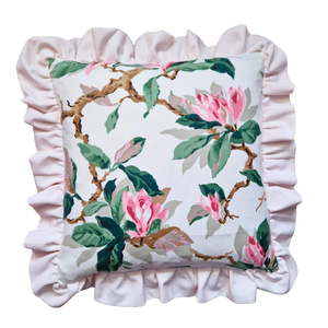 Vintage Floral Ruffle Cushion Cover  In Pink And White Magnolia Print - 16 inch