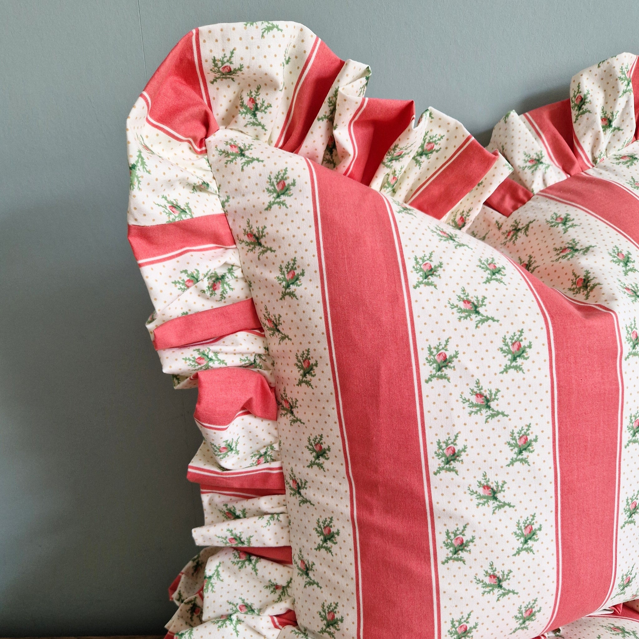 Ruffle Cushion Cover In Vintage Jane Churchill Rosebud Stripe  - 18 inch