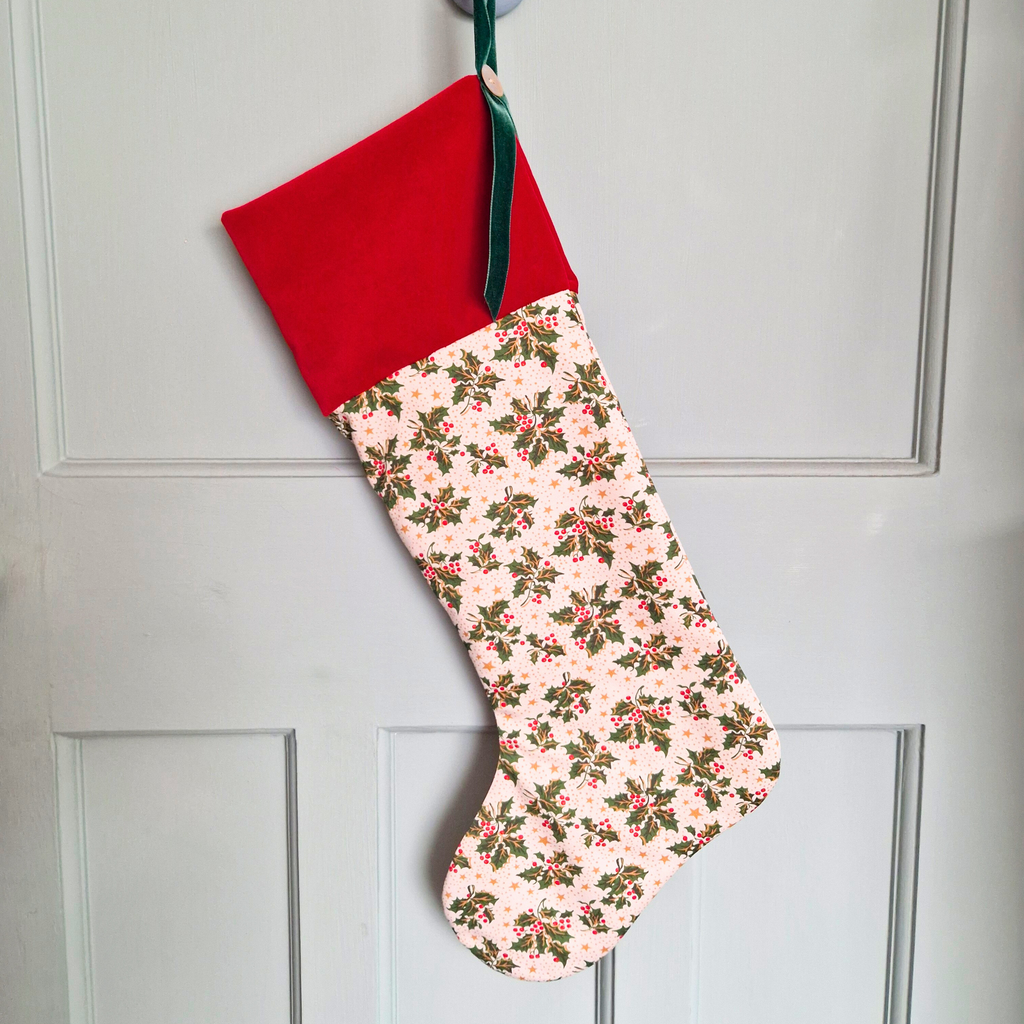 Christmas Stocking In Red Velvet And Holly And Star Print