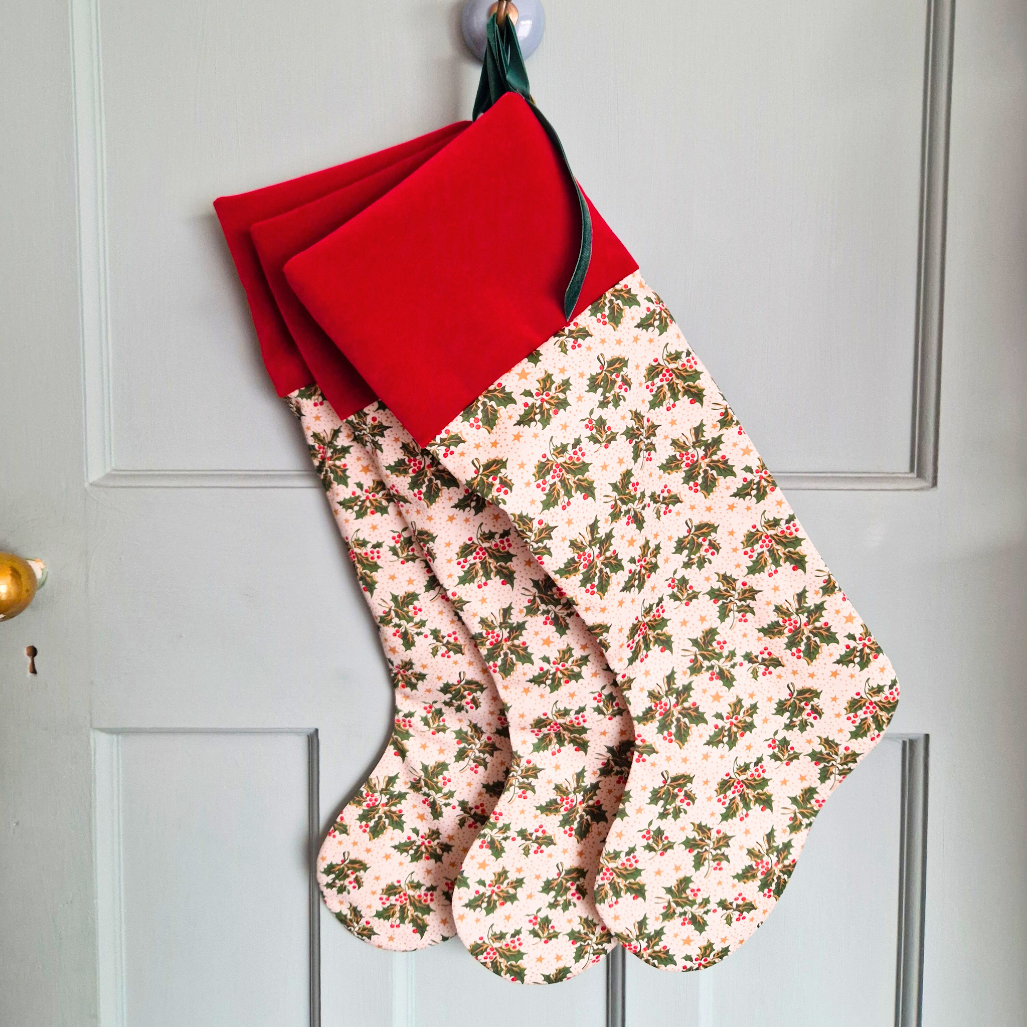 Christmas Stocking In Red Velvet And Holly And Star Print