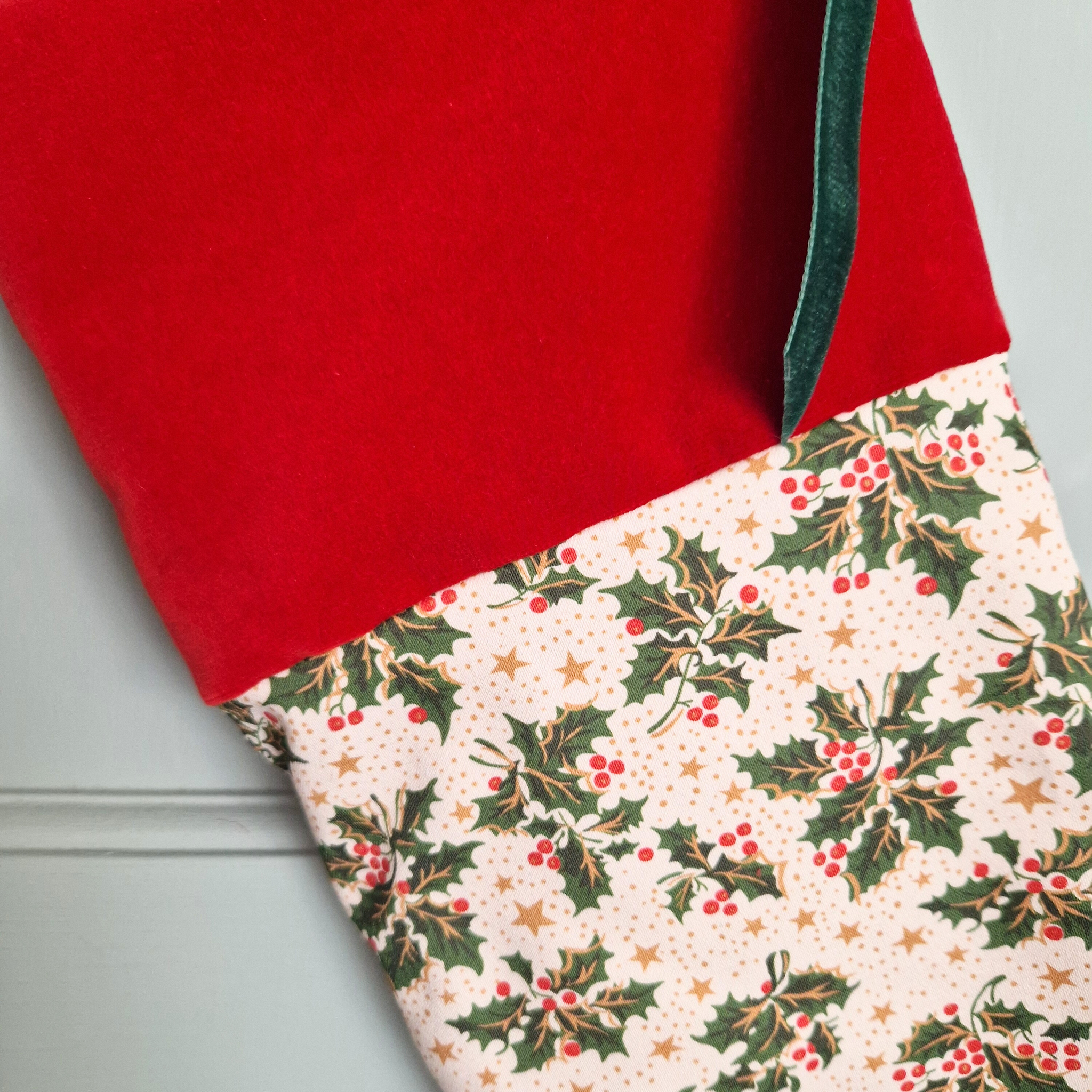 Christmas Stocking In Red Velvet And Holly And Star Print
