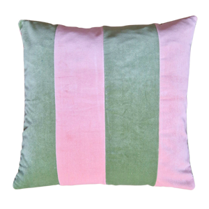 Striped Velvet Cushion cover In Sage Green And Rose Quartz - 18 inch