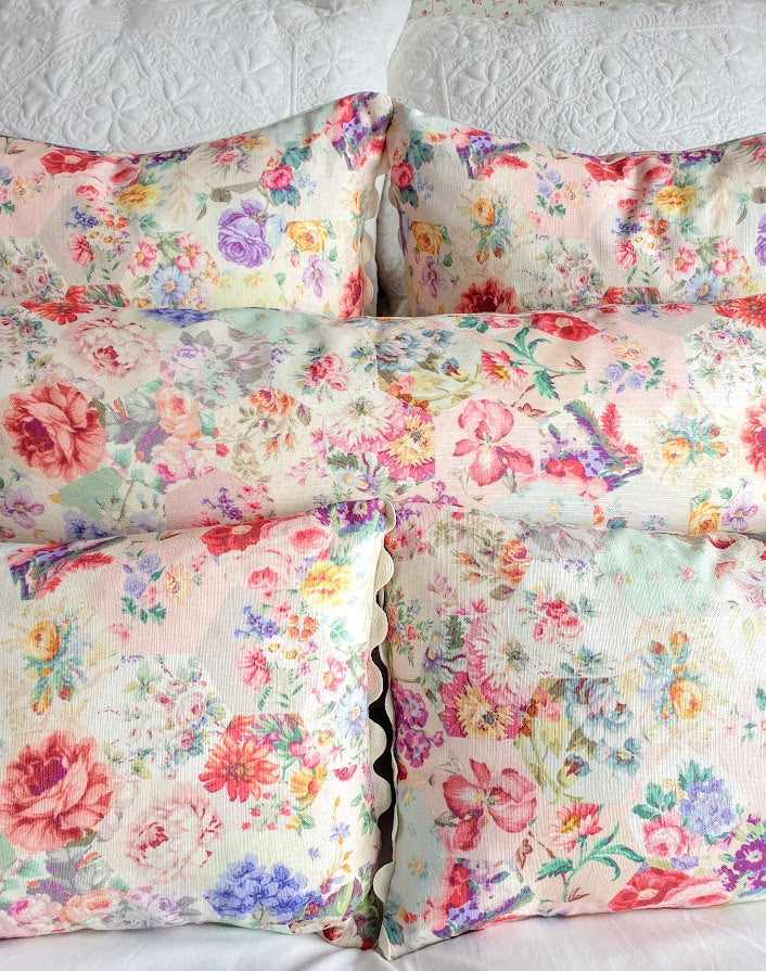 Patchwork Garden Vintage Style Floral 18 inch cushion cover Cream Trim