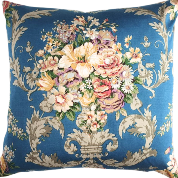 Vintage Floral Cushion Cover In Stunning Blue Sateen Floral Urn design