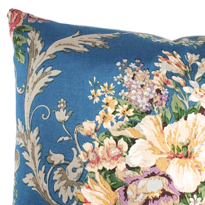 Vintage Floral Cushion Cover In Stunning Blue Sateen Floral Urn design