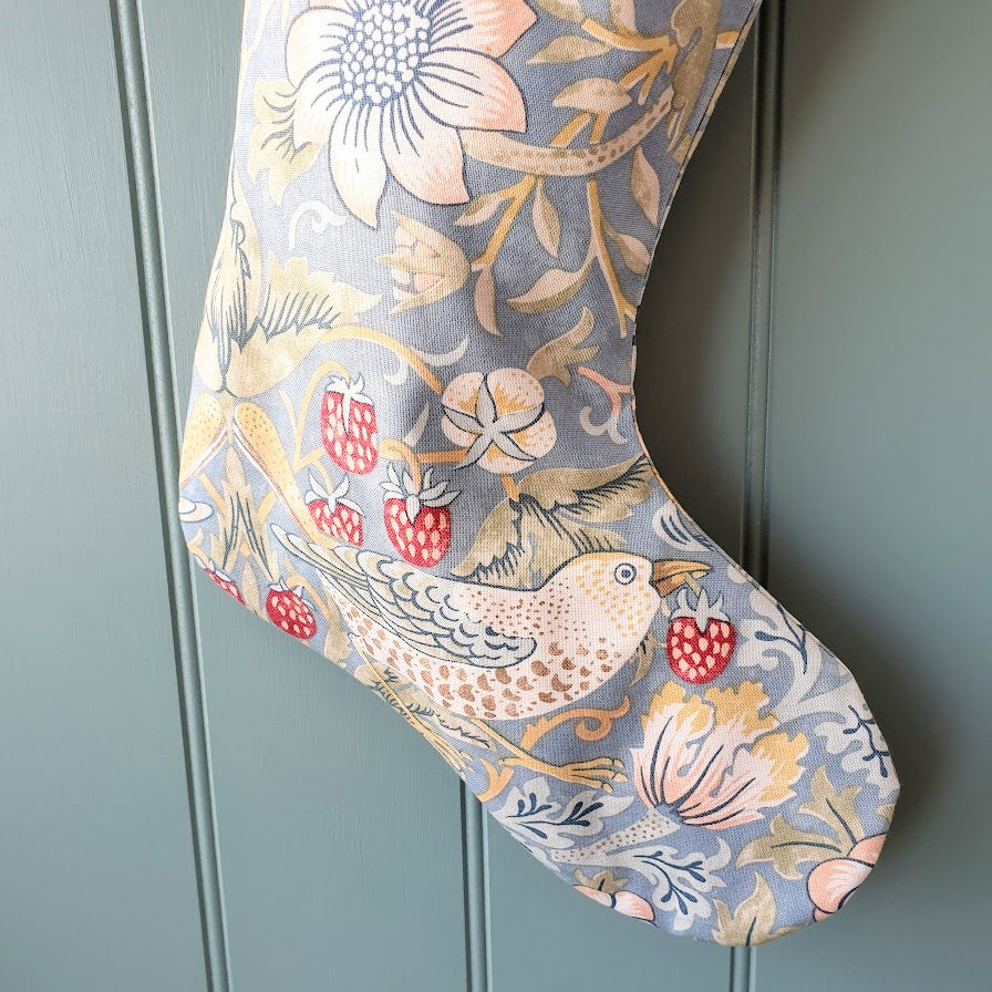 William Morris Luxury Christmas Stocking - Strawberry Thief Slate/Vellum