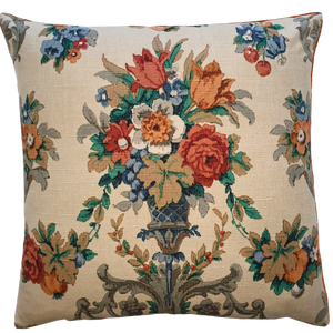 Vintage Floral Cushion Cover In 1940s Rust And Blue Floral Urn Design
