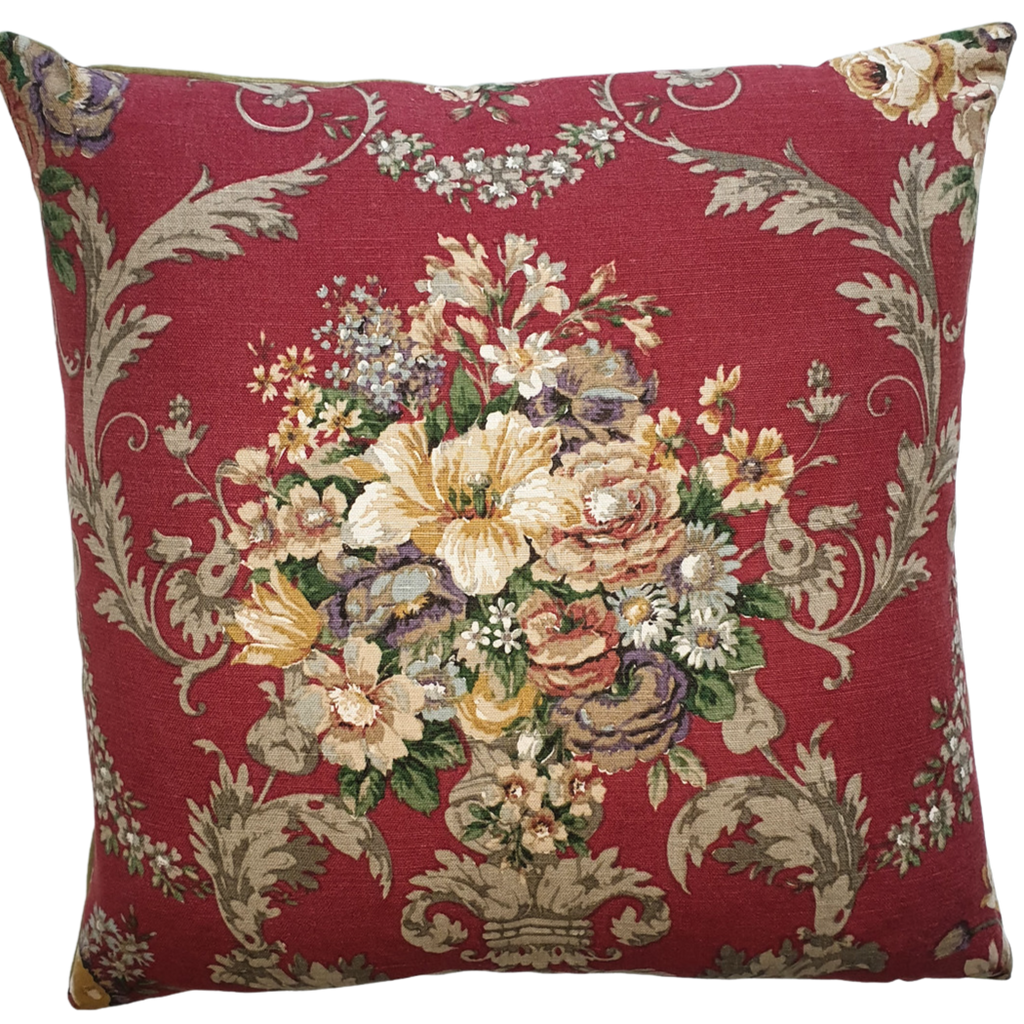 Vintage Floral Cushion Cover In Sanderson Soft Red Floral Urn Design