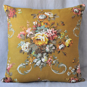 Mustard Floral Cushion / Vintage Floral Cushion In Chartreuse Floral Bouquet Design