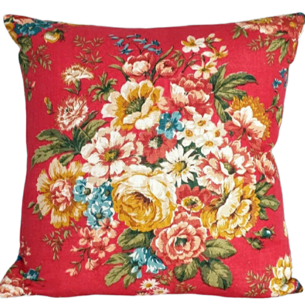 Vintage Floral Fabric Cushion Cover In Red Linen Flower Design